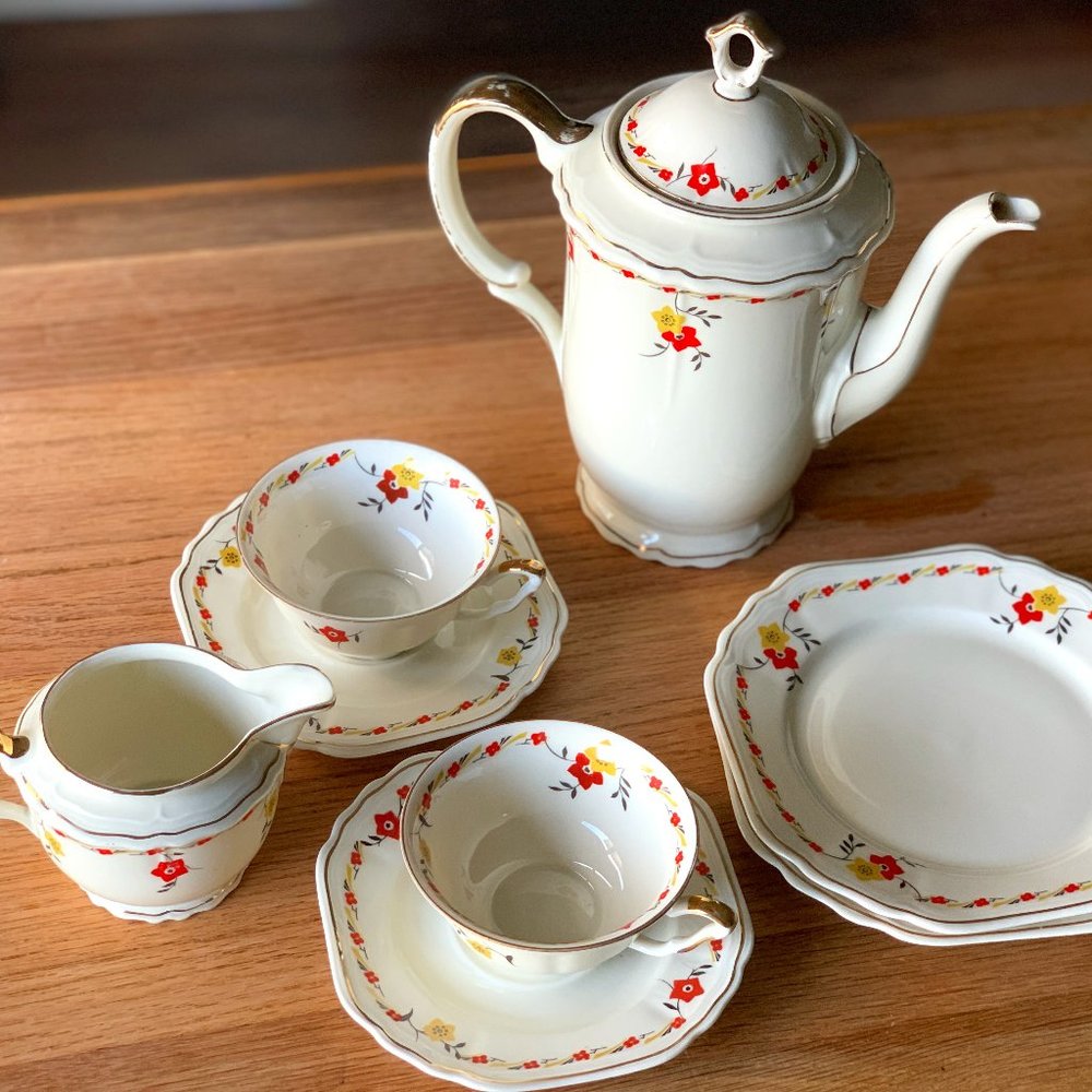 Vintage 1940s Oscar Schaller & Co Bavaria Elfenbein Porzellan Tea/Coffee Set